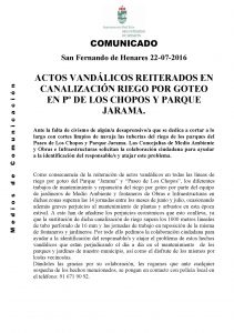 COMUNICADO. Actos vandalicos en riego por goteo de parques y jardines