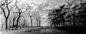Obra de ate de la exposición: paseo de los Chopos pintado a carboncillo
