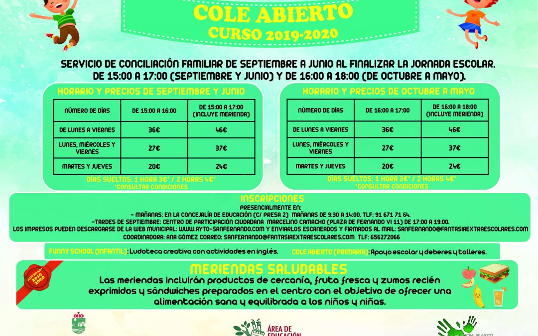 COLE ABIERTO: Servicio de conciliación familiar de septiembre a junio horarios ampliados de tarde