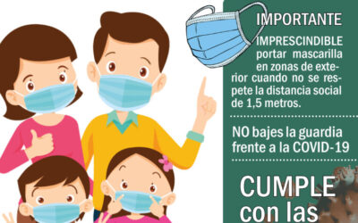 La Concejalía de Sanidad recuerda que no será obligatorio el uso de mascarilla en exteriores, pero hace un llamamiento a no bajar la guardia e insiste en portar la misma, en todo momento, en interior
