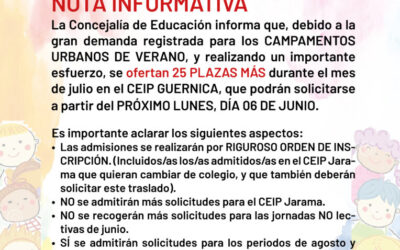 La Concejalía de Educación oferta 25 plazas más para los Campamentos Urbanos de Verano en el CEIP Guernica