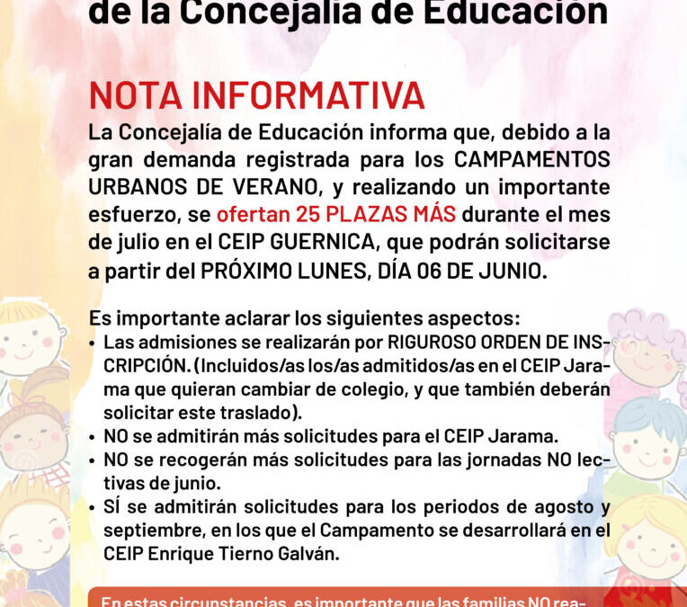 La Concejalía de Educación oferta 25 plazas más para los Campamentos Urbanos de Verano en el CEIP Guernica