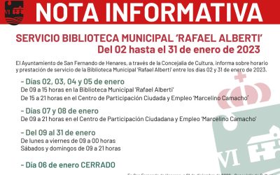 NOTA INFORMATIVA: Horario y ubicación de prestación de servicio de la Biblioteca Municipal ‘Rafael Alberti’