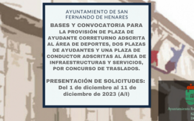 Bases y Convocatoria para la provisión de una plaza de ayudante correturno adscrita al Área de Deportes, dos plazas de ayudantes y una plaza de conductor adscritas al Área de Infraestructuras y Servicios, por Concurso de Traslados.